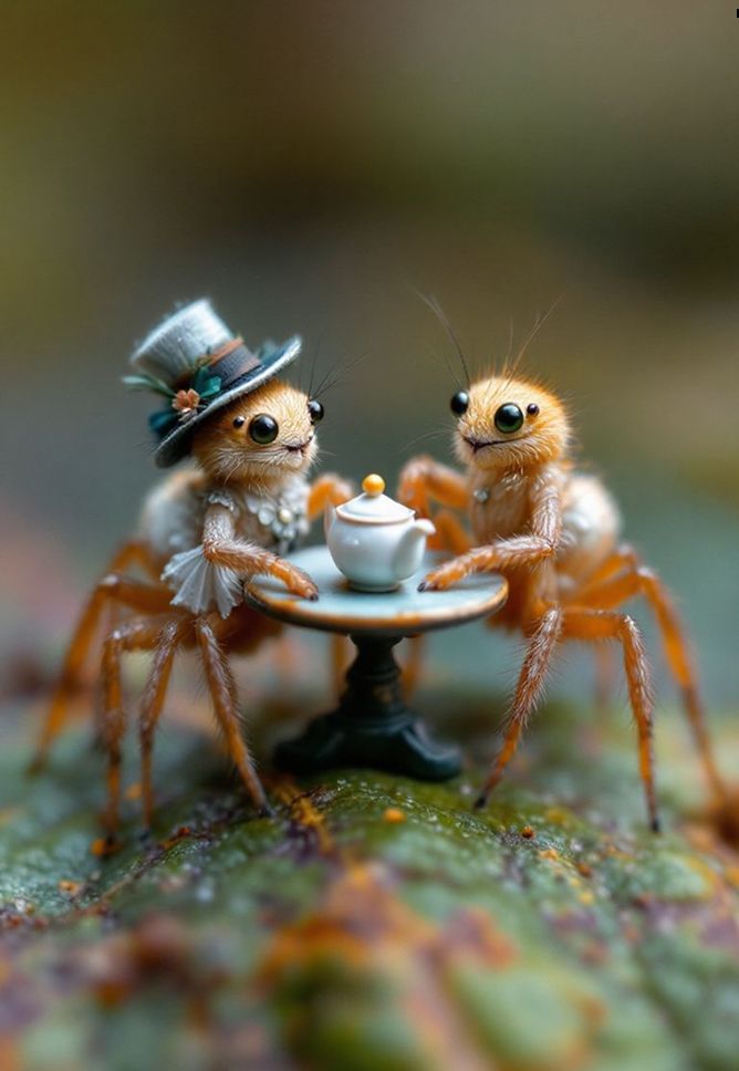 Macro photography of two elegant spiders drinking tea.