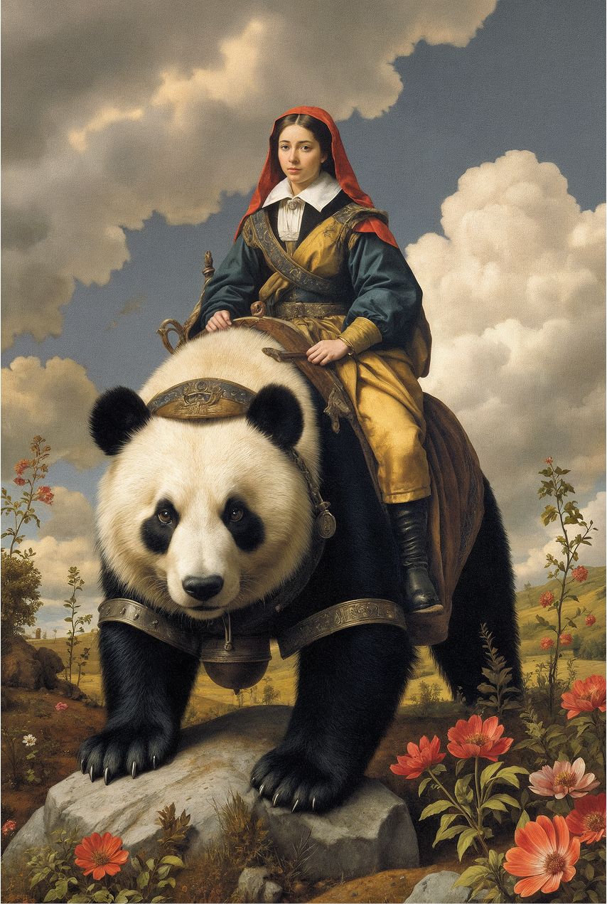 Renaissance and surreal sci fi style painting of women riding a panda bear in a field of flowers.