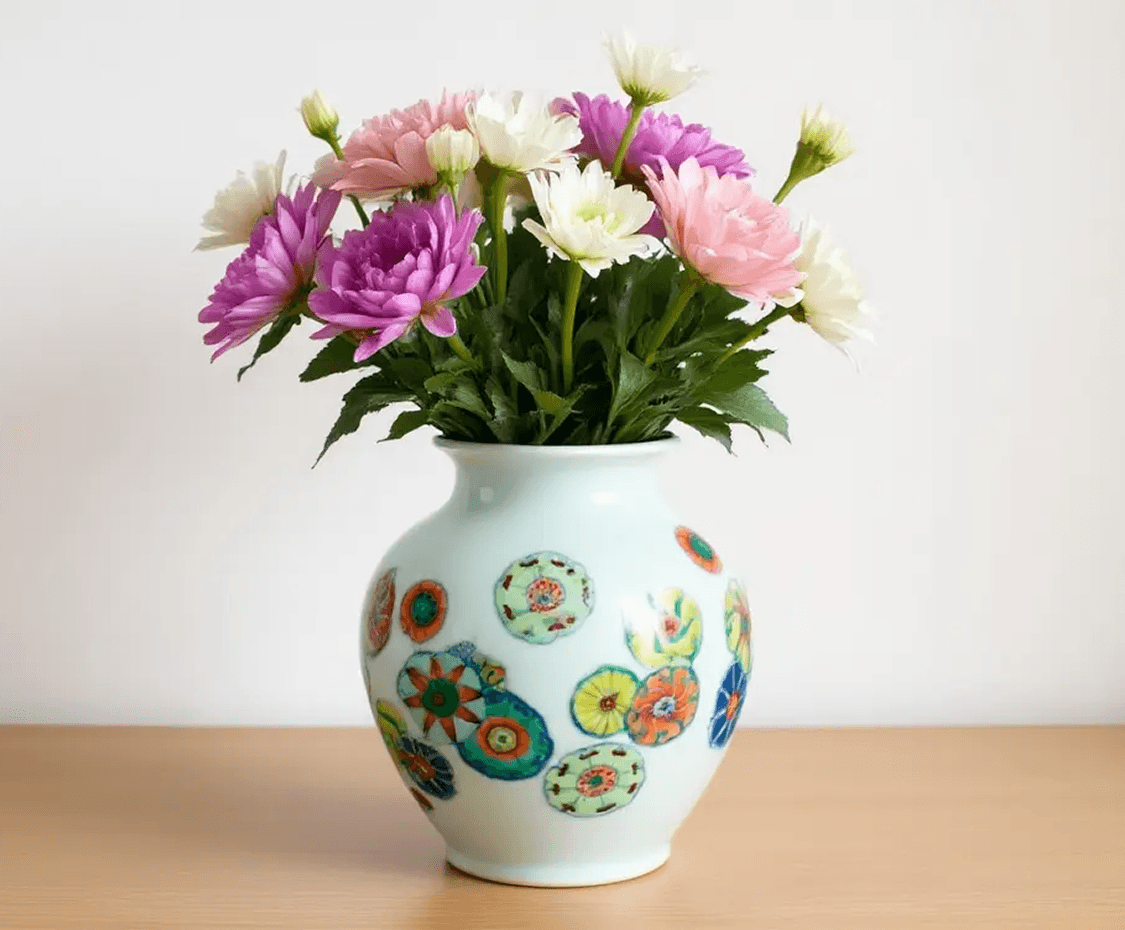 Make me a matching flower vase, product photography set against a white wall, sitting on a wooden desk, put some nice flowers in it